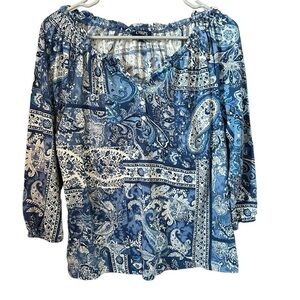 Chaps Womens Blue Paisley Print Tunic Top sz Large Fitted? 3/4 Sleeves